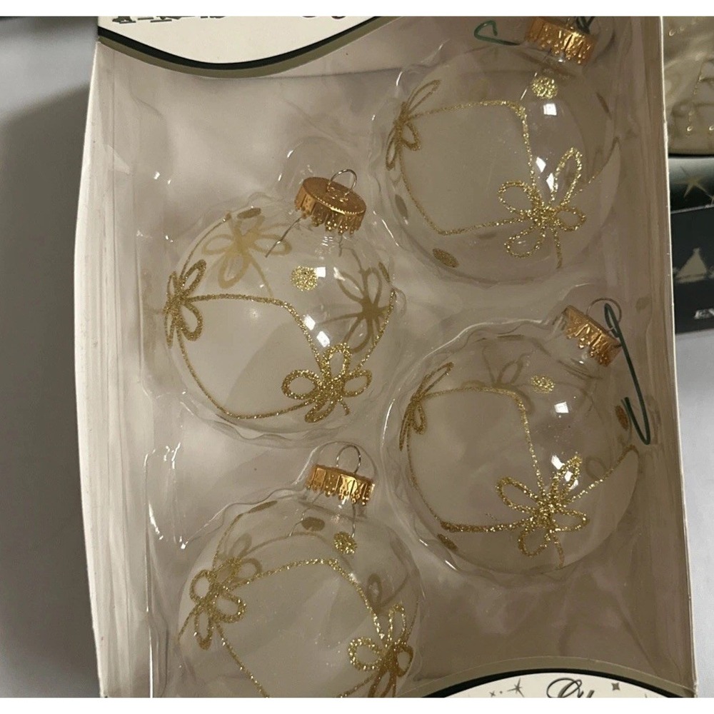 Vtg 2‎ Sets C&D Blown Glass Ornaments Clear Frosted Gold Glitter 8 Pcs Daisy